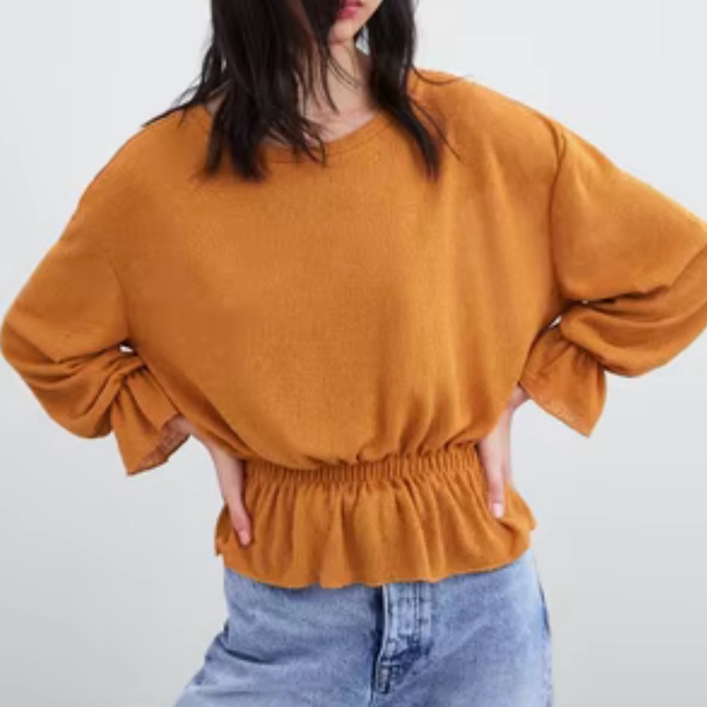 Zara Womens Shirt Size Medium Mustard Long Sleeve Cinched Waist Top Blouse